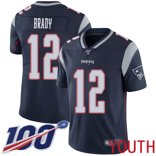 New England Patriots Football 12 Vapor Untouchable 100th Season Limited Navy Blue Youth Tom Brady Home NFL Jersey